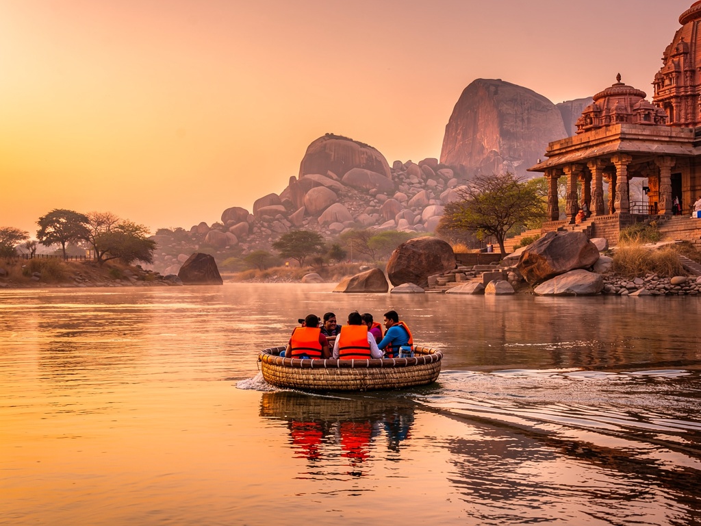 Traditional coracle boat ride on Tungabhadra River in Hampi