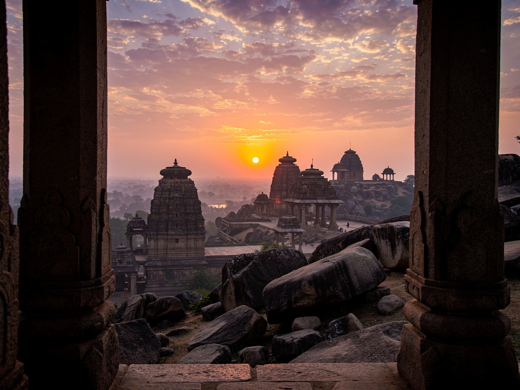 Virupaksha Temple area view from Hemakuta Hill with temple gopuram visible