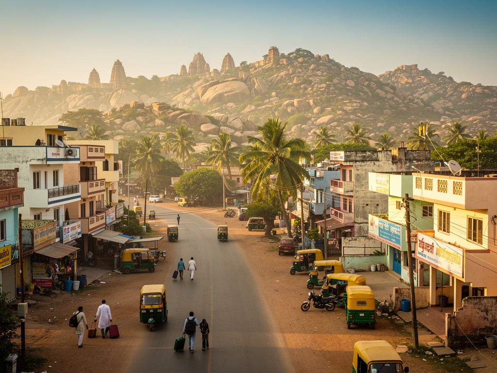 Hampi Bazaar area - ancient market street lined with pavilions
