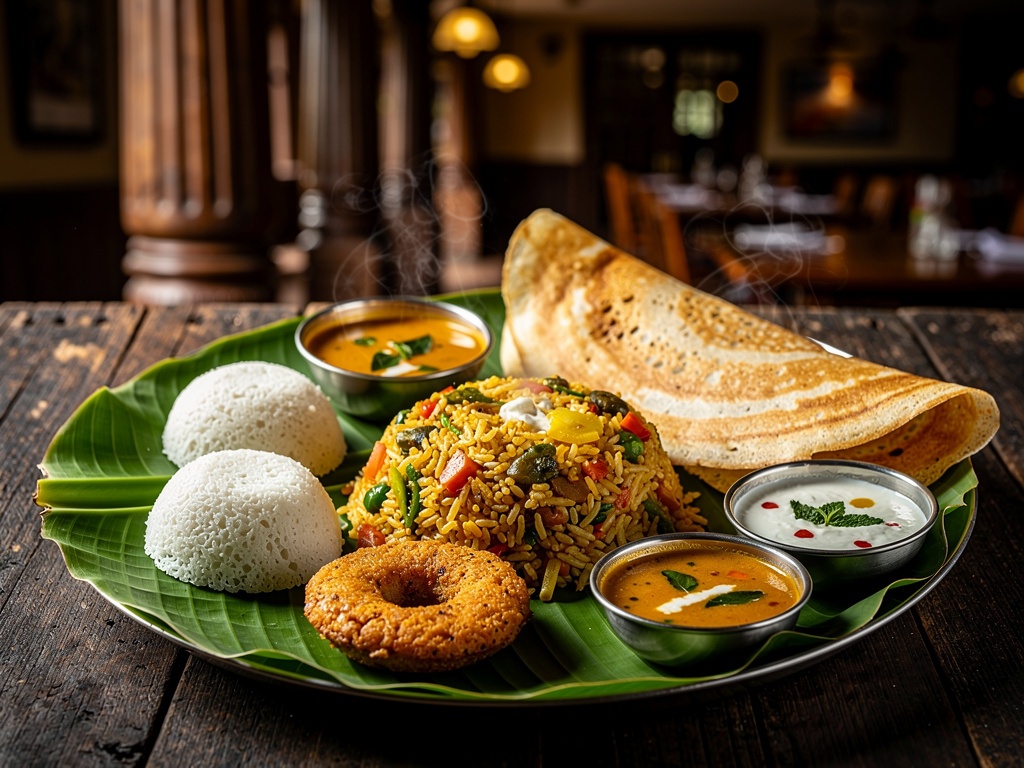 Traditional South Indian thali meal on banana leaf in Karnataka